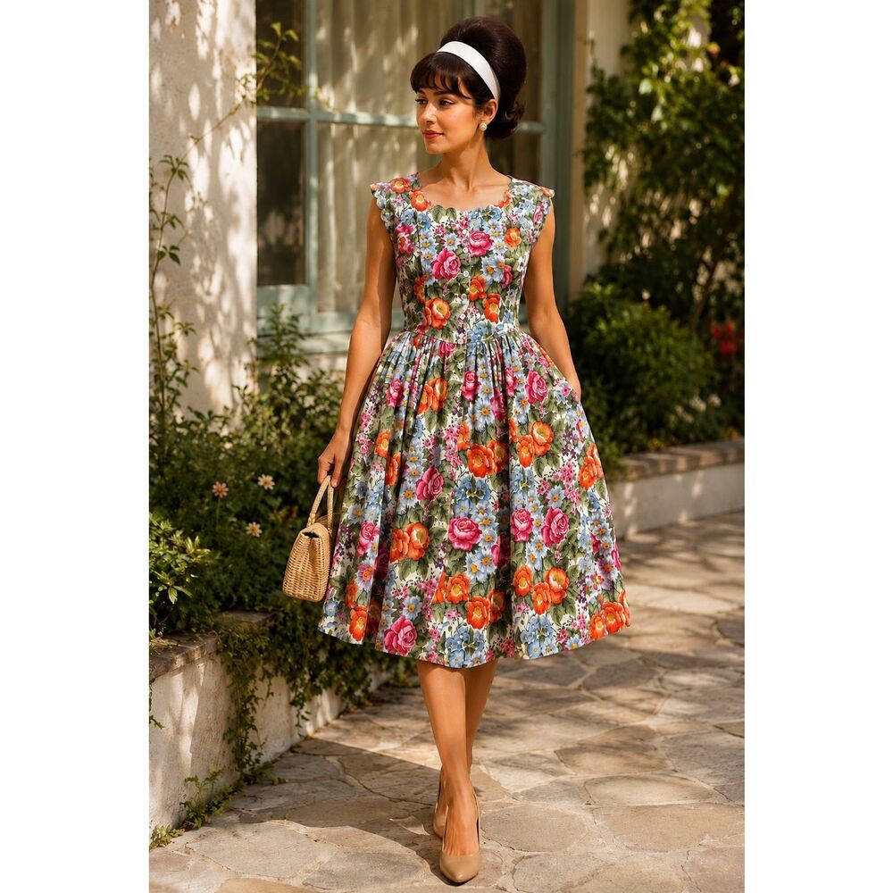 Vintage Star of India Floral Midi Basque Waist Cotton Dress Size 12